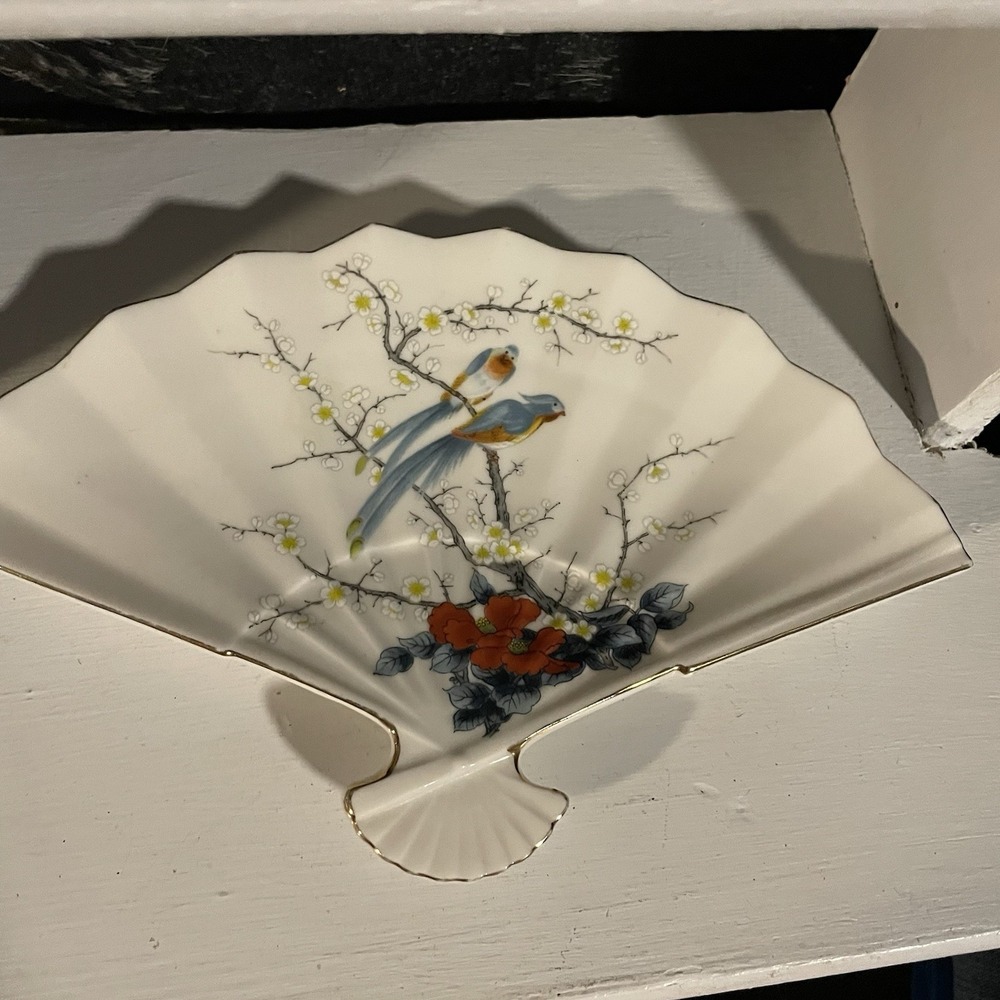 Fan‎ Shaped Fine China Plate Birds Trinket Dish JAY Japan Vintage